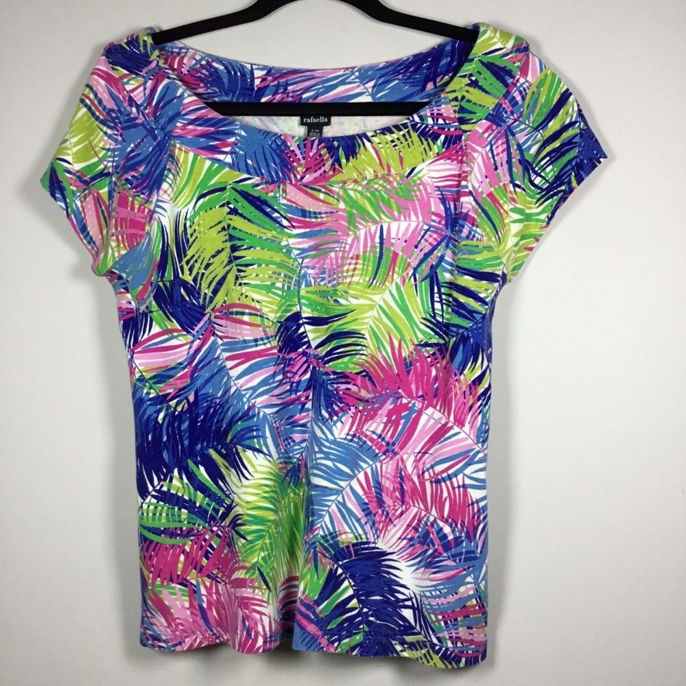 100% cotton bright colorful exotic leaf scoop neck short sleeve top summer sz L